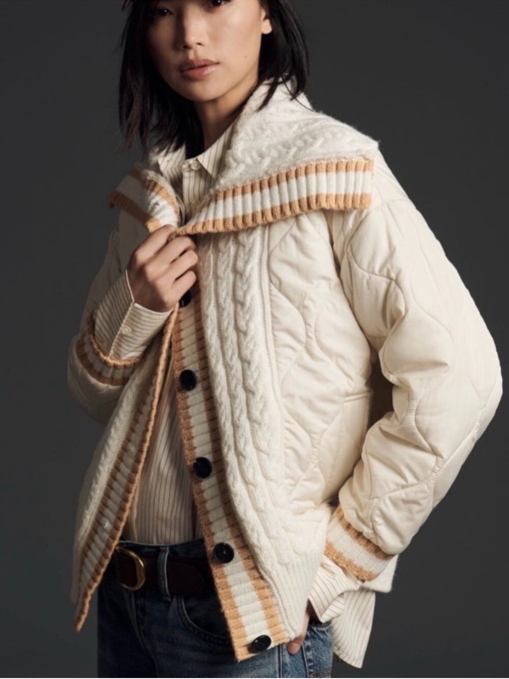 Avec Les Filles Ivory Quilted Puffer Jacket with Beige-Trim
